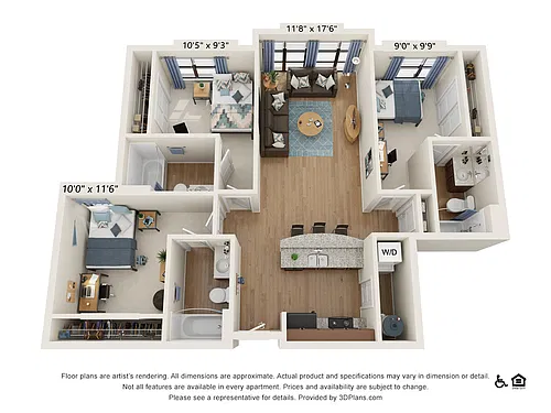 Floor plan 3 Bedroom - 3 Bath (3D)