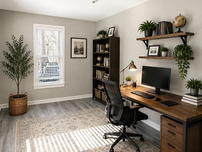 Multi-functional room with bright sunny windows and large closet! This quiet space makes for an excellent home office (as seen here utilizing AI tech), an art/crafting room, study or video game room! Endless possibilities.