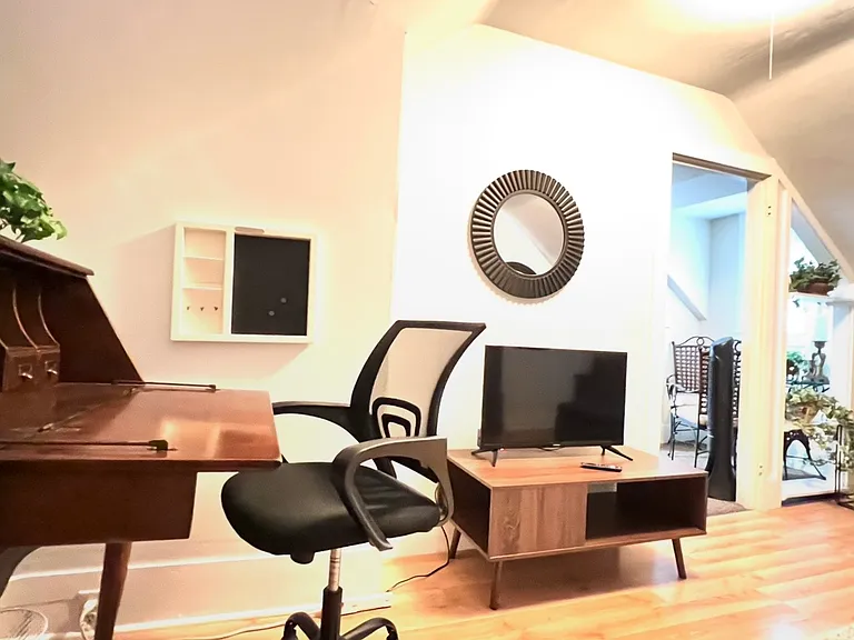 Living room has tv and desk area