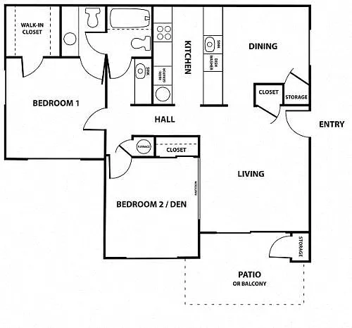 Floor plan 2 Bedroom 1.5 Bath Unremodeled