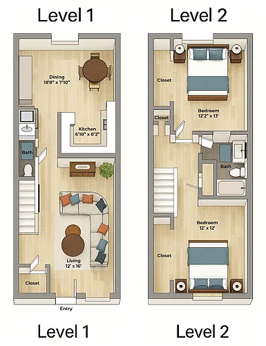 Floor plan Two Bedroom One and One Half Bath Townhouse