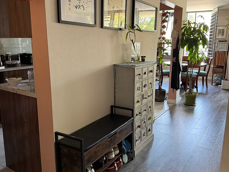 Shoe cubby immediately inside front door.