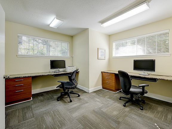 Shared workspace with two computers, chairs, and windows.