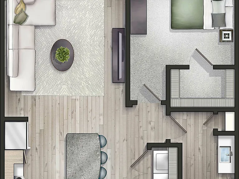 Explore the chic design of our one-bedroom apartment with a cozy balcony. Explore the chic design of our one-bedroom apartment with a cozy balcony.
