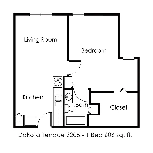 Floor plan 1 Bed 1 Bath | 606 sqft