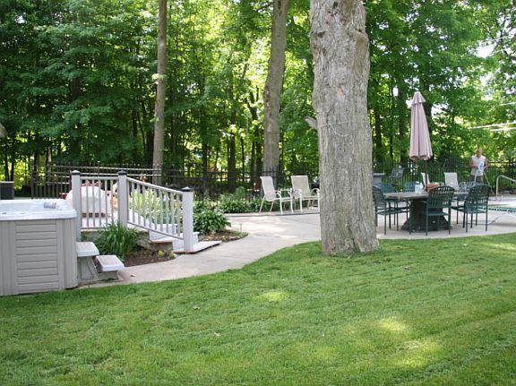 hot tub, wooded fenced yard