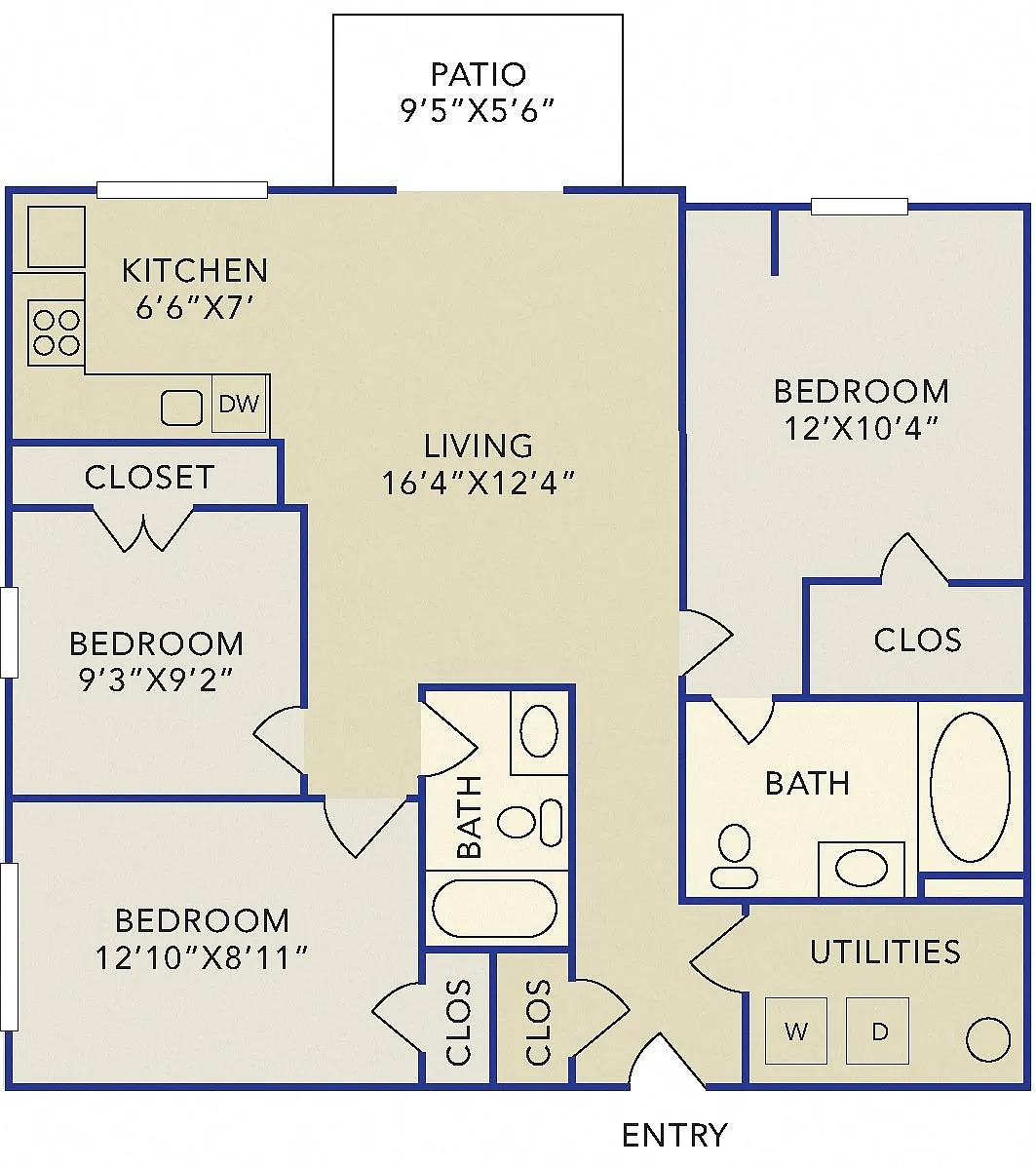 Floor plan Three bedroom 2 bath apartment "D"