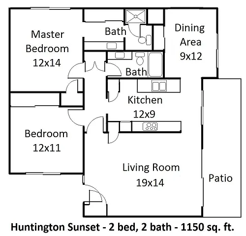 Floor plan 2 Bedroom 2 Bath - Carpet Floors