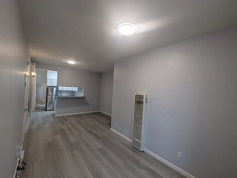 Gas wall heater and living room. New floors and lighting.
