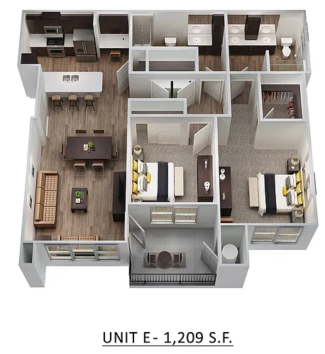 Floor plan 2 BED, 2 BATH (E) - 1209 SF