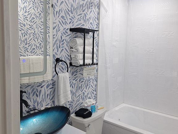Private bathroom with rain shower and vessel sink