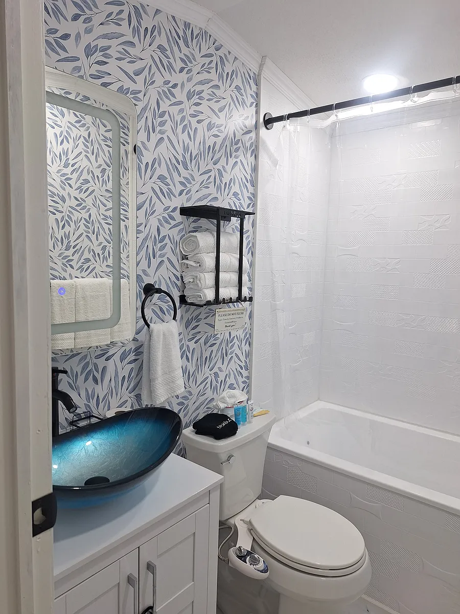 Private bathroom with rain shower and vessel sink - 1435 Los Robles Ave