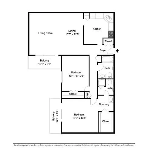 Floor plan 2 Bed 2 Bath Style EX