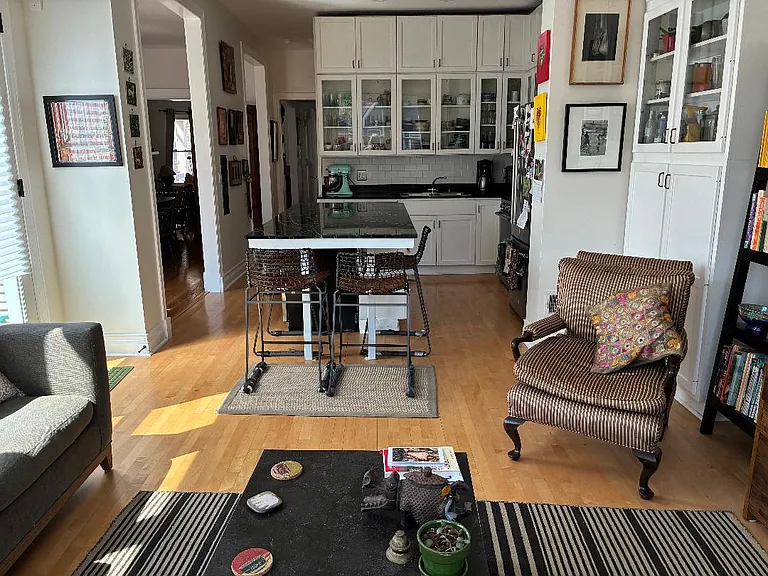 view from family room into kitchen
