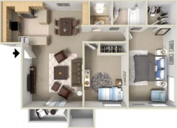 2 Bed 1 Bath Floorplan Diagram
