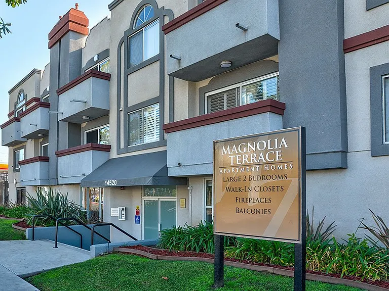 Entrance to Magnolia Terrace Apartments and lobby.