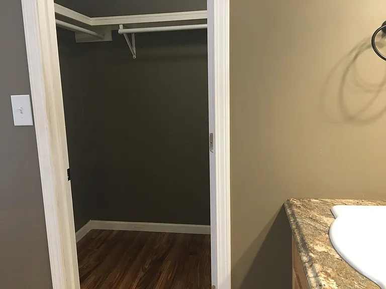 walk in closet connected to large bedroom, with cabinets behind closet door
