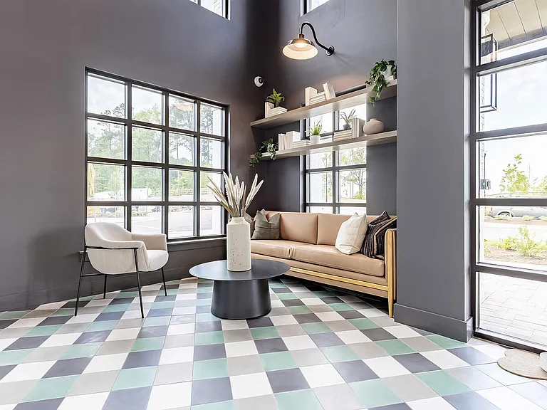 Cozy entryway with cozy seating area and pet water bowl
