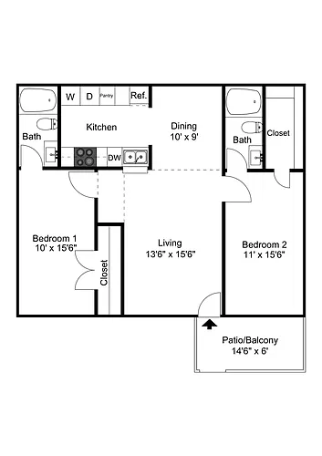 Floor plan 2br2ba 962 Sq.Ft.