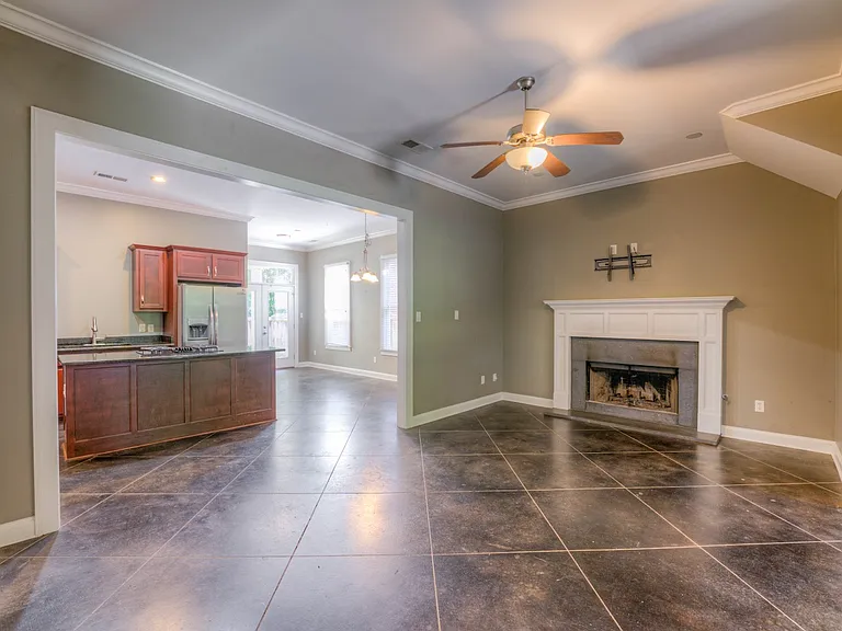Living room and fireplace.