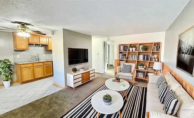 Charming open-concept living room with cozy seating, stylish decor, and an inviting kitchen with warm wooden cabinetry.