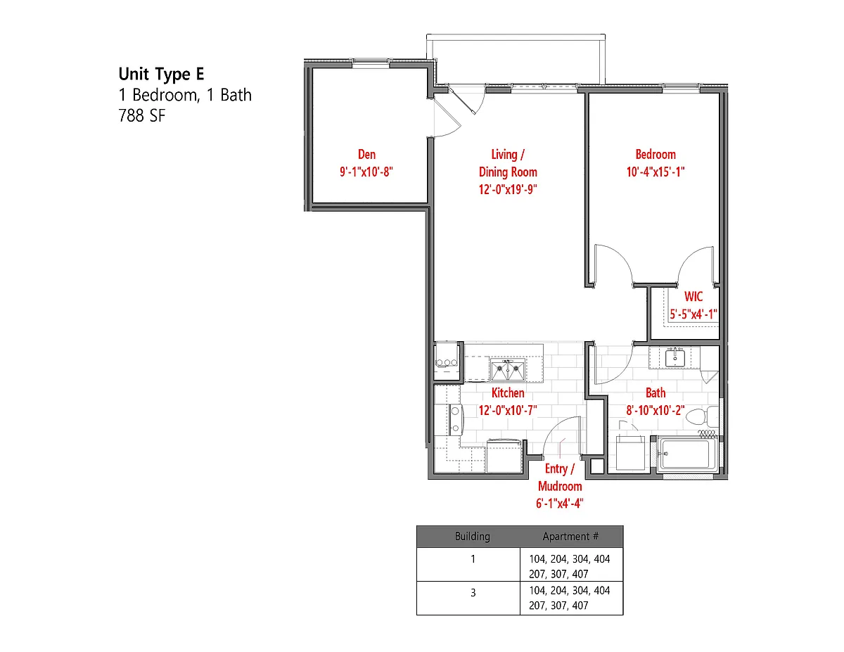 Floor plan 1 Bedroom With Den Style E