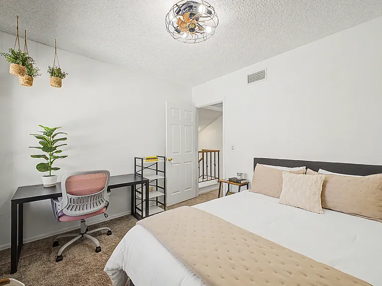 Third Bedroom (Upstairs): Queen Bed, Desk & Chair, Park Views, Shares upstairs Bathroom, Sleeps 2