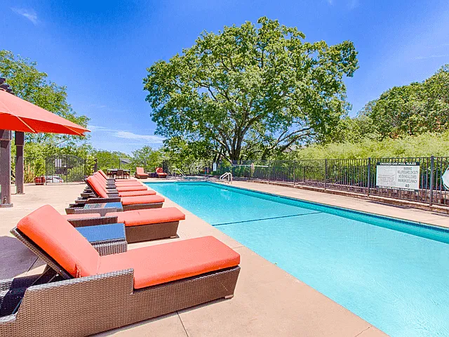 Pool side relaxing area at Crooked Oak at Loma Verde Preserve, California, 94949