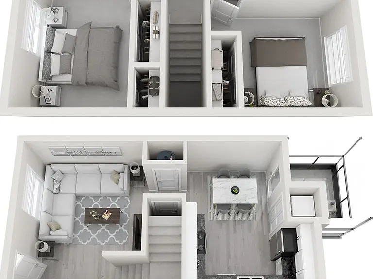 A 3D floor plan rendering of The Vogue.