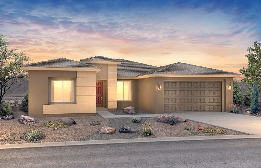 The contemporary home exterior of the Salerno is designed with a tile roof and enhanced with tastefu