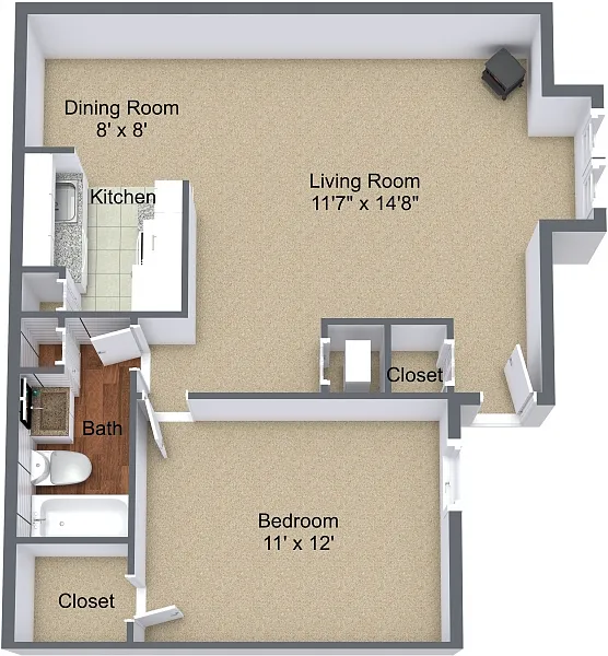 Floor plan One Bedroom Fireplace and Bay Window