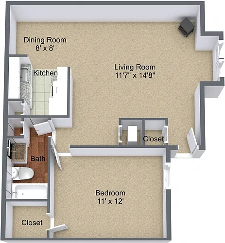 Floor plan One Bedroom Fireplace and Bay Window