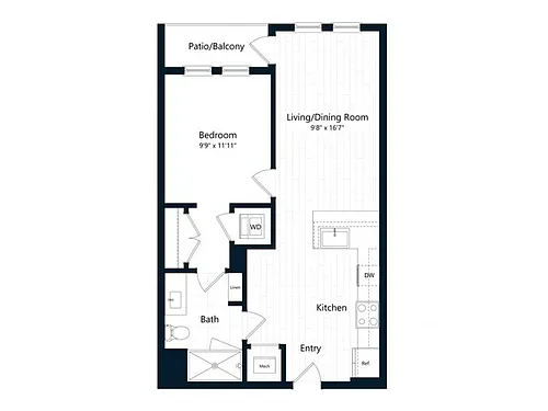 Floor plan One Bedroom One Bath (656 SF)