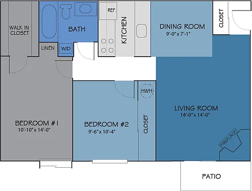 Floor plan 2 BD 1 BA Balcony/Patio