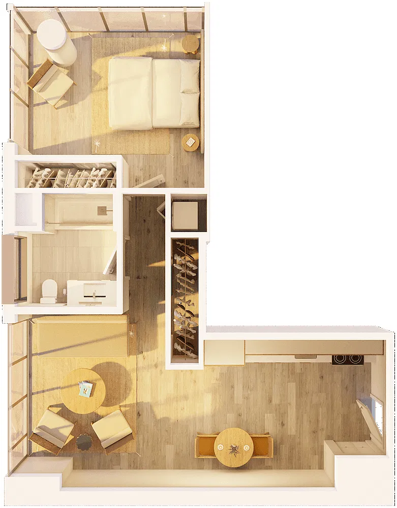 Floor plan West 1 BR Corner Sunset