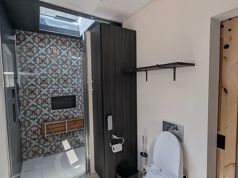 The shower has a build-in seat two showers in one space and also has a rain shower and a skylight in the shower area.
