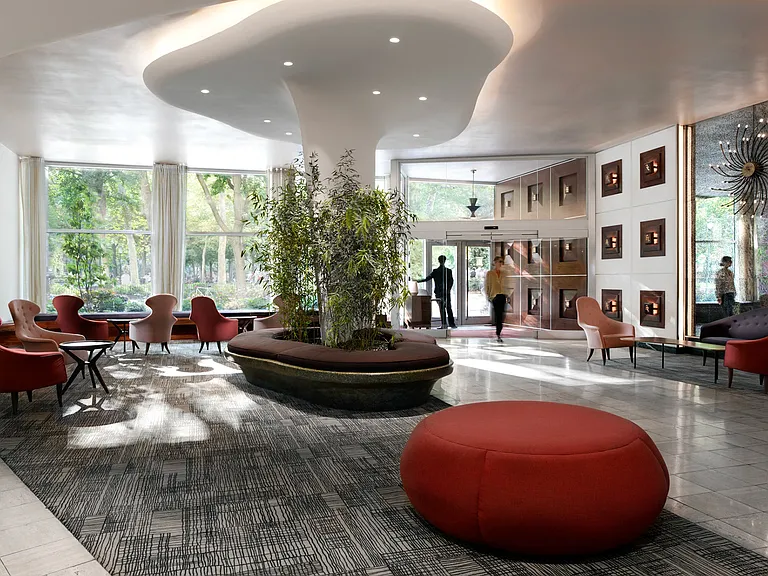 Iconic lobby with the city just outside