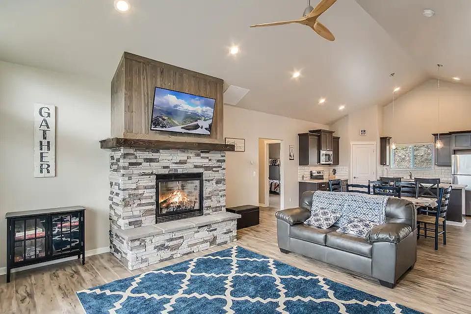 Large open concept of living room, kitchen and dining area