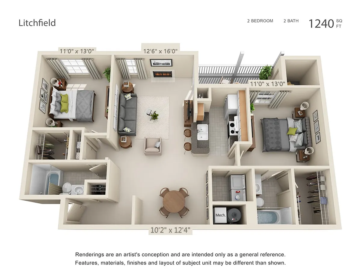 Floor plan 2-Bedroom 2-Bathroom HC | 1240 sqft