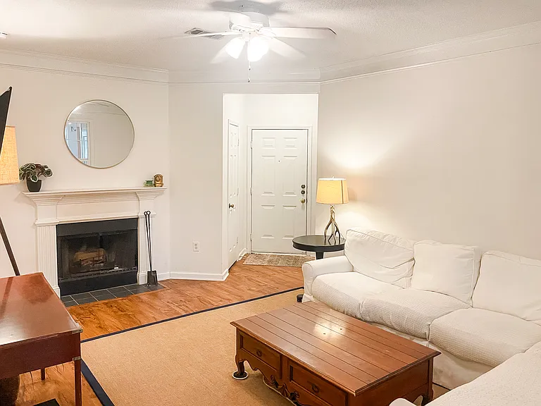 Living room, fire place and front door