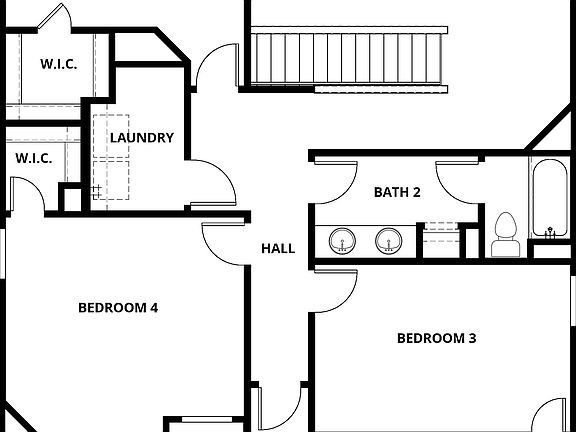 The second floor of the Cottonwood has four secondary bedrooms, a full bathroom, and a loft.