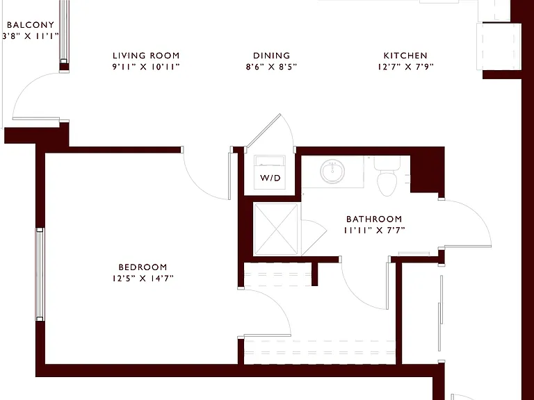 Explore this elegant one-bedroom apartment layout with a chic balcony and open-concept living and dining space. Explore this elegant one-bedroom apartment layout with a chic balcony and open-concept living and dining space.