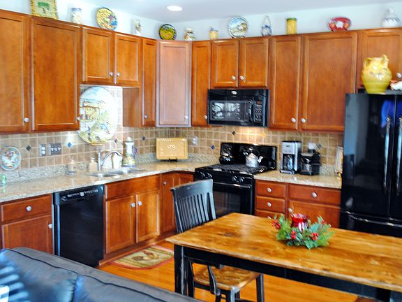 Kitchen with oak floor.