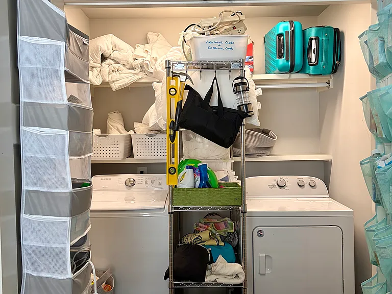 The laundry closet is conveniently located upstairs outside the two upstairs bedrooms. Great for extra storage. *NOTE: house comes unfurnished (pics show current owner's furnishings that will be moved).*