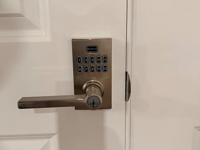 Secure entry with keyless keypad lock and lever handle for convenient access.