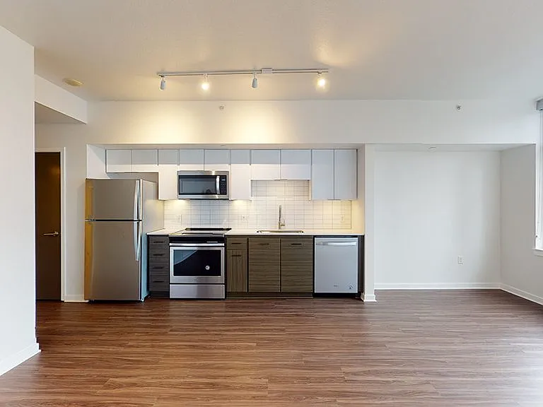 Apartment Kitchen with Stainless Steel Appliances, Dining and Living Room with Wood-Style Flooring.