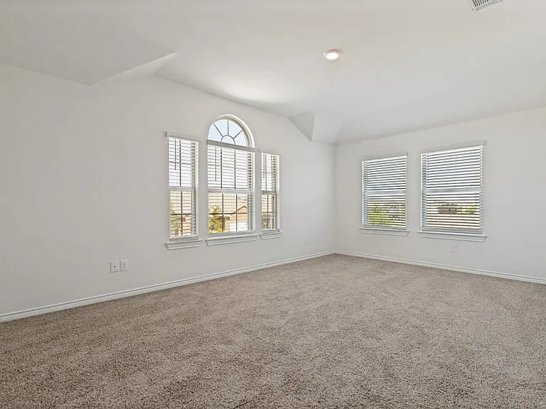 Spacious room featuring vaulted ceilings, a single recessed light, and neutral carpeting