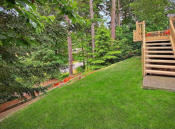 Backyard extends to street below offering view and privacy
