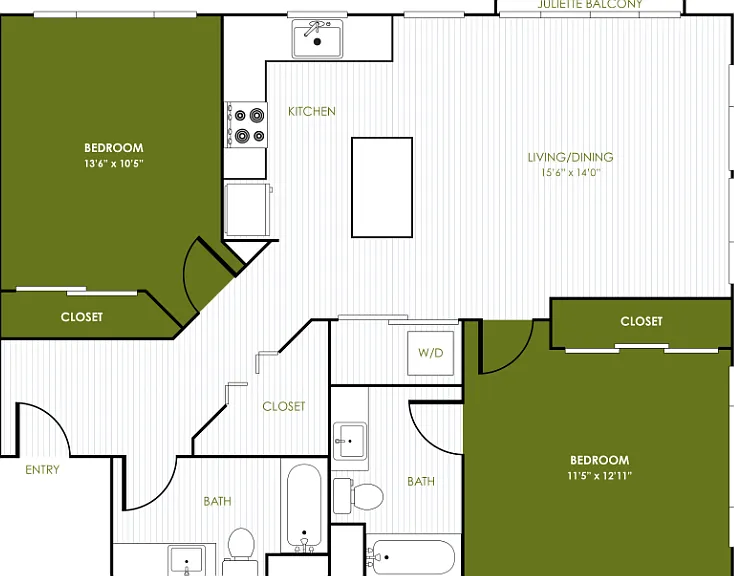 2 Bedroom 2 Bathroom A, B, C, D Floorplan Diagram