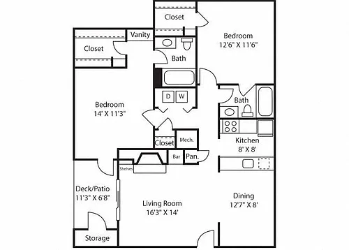 Floor plan B2R - 1,129 sq. ft.